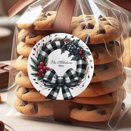 Buffalo Plaid Zwart-Wit Familie Kerstmis Ronde Sticker