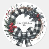 Buffalo Plaid Zwart-Wit Familie Kerstmis Ronde Sticker (Voorkant)