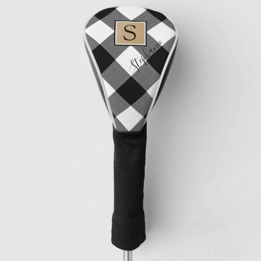 Buffalo Plaid Zwart Wit Monogram Script Naam Golfheadcover (Voorkant)