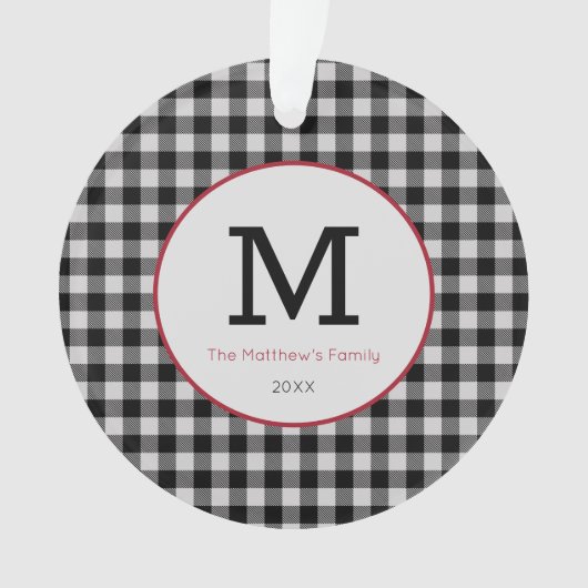 Buffalo Plaid Zwart Wit Rood Modern Monogram Ornament (voorkant)