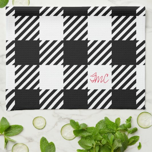 Buffalo Plaid Zwart Wit Rood Monogram INITIALEN Theedoek (Gevouwen)