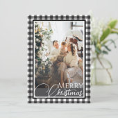 Buffalo Plaid Zwart & Wit Twee foto's van Kerstmis Feestdagenkaart (Staand voorkant)