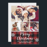 Buffalo Plays Red en Black Photo Merry Kerstmis Feestdagenkaart<br><div class="desc">Het ontwerp/de sjabloon kenmerkt een 4 fotocollage die met sneeuwvlokken,  elegant manuscript en een stijlvolle rode en zwarte buffelvlakke achtergrond wordt versierd.</div>