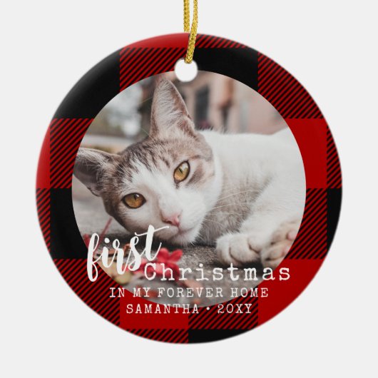 Buffalo Pset Cat First-kerstfoto Keramisch Ornament (Voorkant)