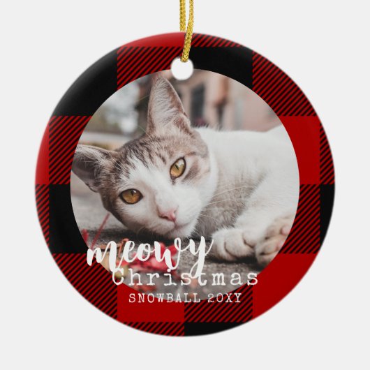 Buffalo Pset Cat Meowy kerstfoto Keramisch Ornament (Voorkant)
