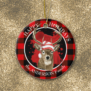 Buffalo Pset Deer Santa Hat Keramisch Ornament