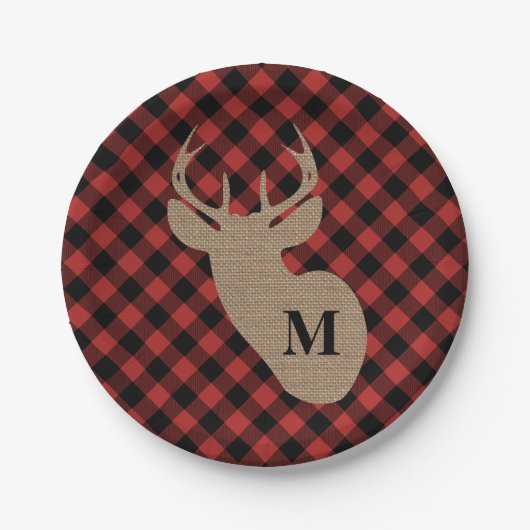 Buffalo Pset en Burlap Monogram Deer Papieren Bordje (Voorkant)