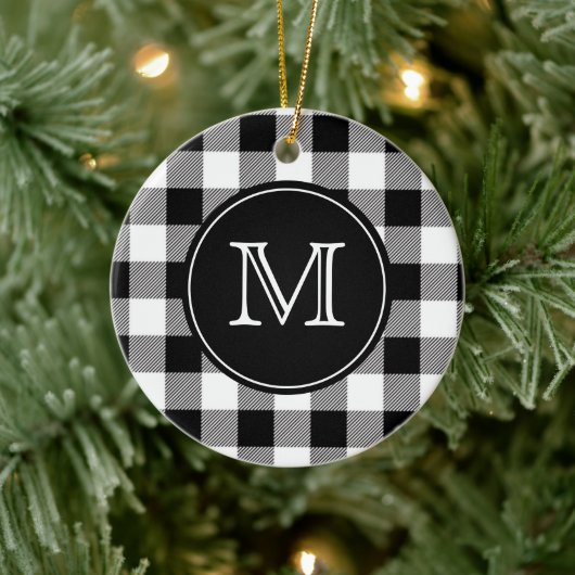 Buffalo Pset Farmhouse Black en White Monogram Keramisch Ornament (Boom)