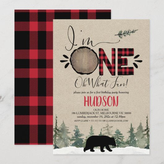 Buffalo Pset Lumberjack First Birthday Invitation Kaart (Voorkant / Achterkant)