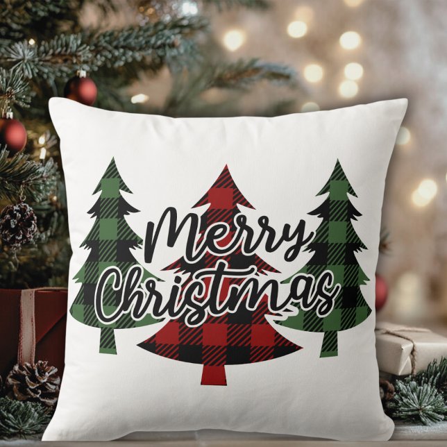Buffalo Pset Merry kerstbomen Holiday Kussen (Buffalo Plaid Merry Christmas Trees Holiday Throw Pillow)