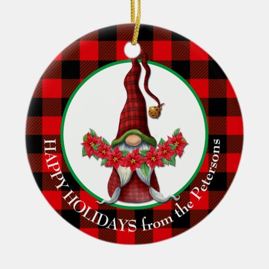 Buffalo Pset Poinsettia Gnome Keramisch Ornament (Voorkant)
