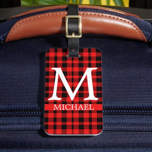 Buffalo Red Plaid Monogram Aangepast personalisere Bagagelabel (Voorkant Insitu 2)