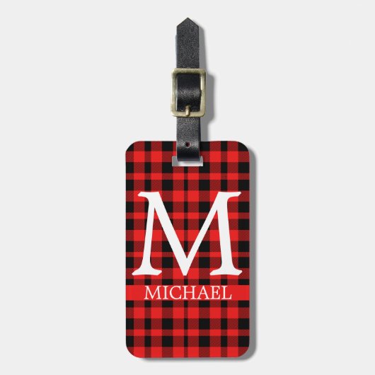Buffalo Red Plaid Monogram Aangepast personalisere Bagagelabel (Voorkant verticaal)
