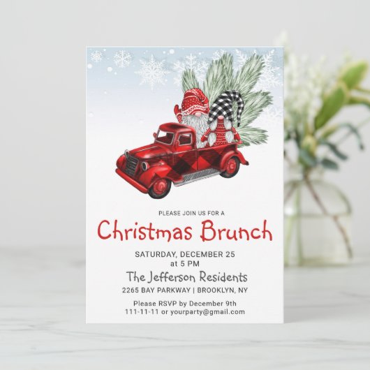 Buffalo Red Truck Gnomes kerst Brunch Kaart (Staand voorkant)