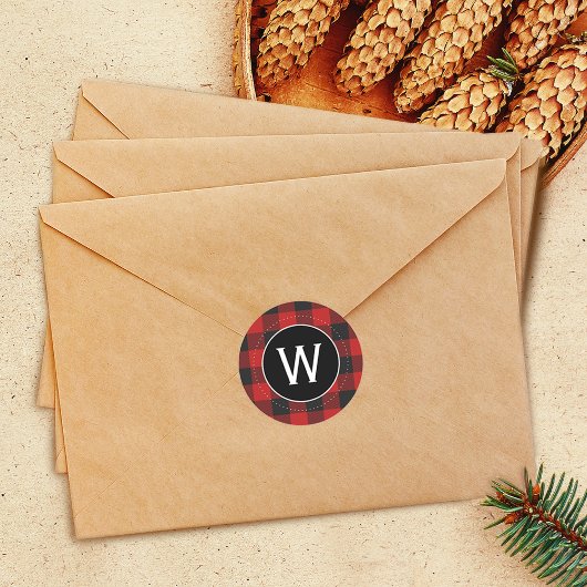 Buffalo rood en zwart geruit monogram ronde sticker