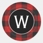 Buffalo rood en zwart geruit monogram ronde sticker (Voorkant)