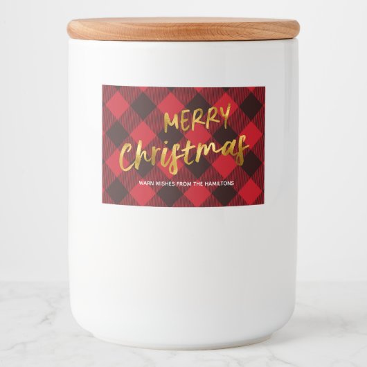 Buffalo rood geruit en goud folie script Kerstmis Voedselcontainer Etiket (Voorkant)