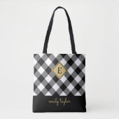 Buffel Check Plaid Monogram Naam Zwart-wit Tote Bag (Voorkant)