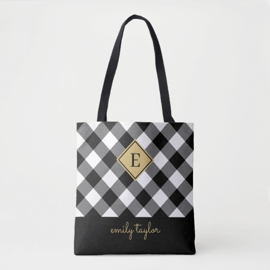 Buffel Check Plaid Monogram Naam Zwart-wit Tote Bag (Voorkant)