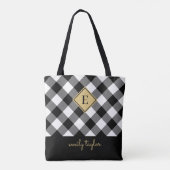 Buffel Check Plaid Monogram Naam Zwart-wit Tote Bag (Achterkant)