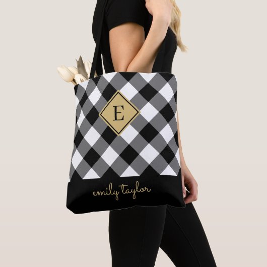 Buffel Check Plaid Monogram Naam Zwart-wit Tote Bag (Dichtbij)