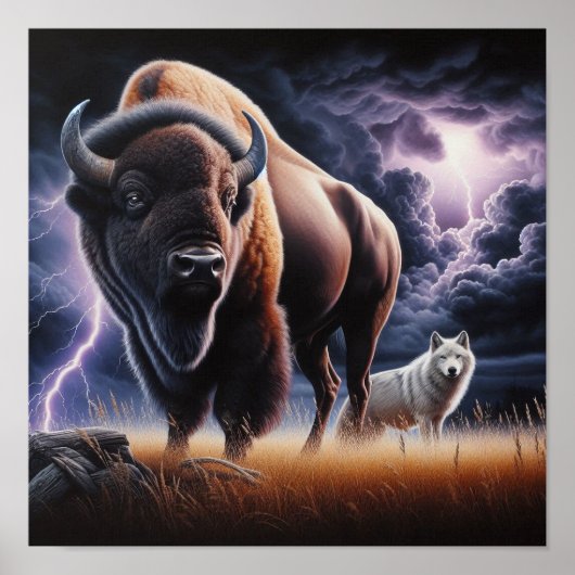 Buffel en wolf in een onweersbui met bliksem poster (Voorkant)
