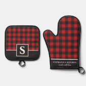 Buffel gepolijst rood en zwart checker monogram ovenwant & pannenlap set (Voorkant)