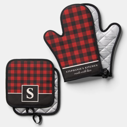 Buffel gepolijst rood en zwart checker monogram ovenwant & pannenlap set (Voorkant / Achterkant)
