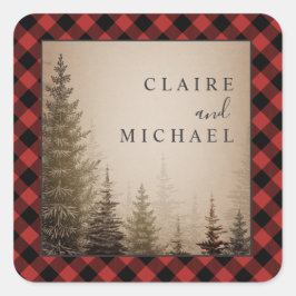 Buffel geruite Evergreen Bomen Bruiloft Vierkante Sticker