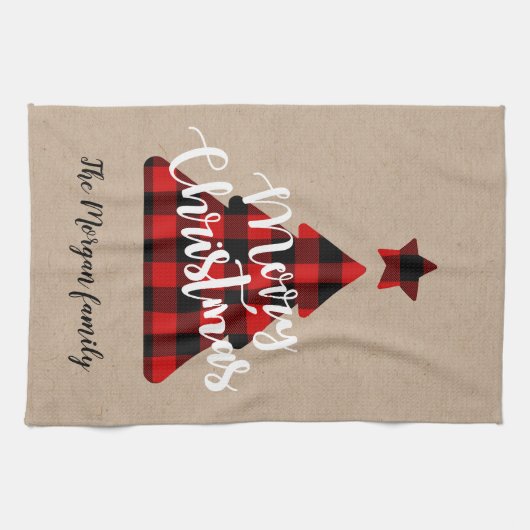 Buffel geruite kerstboom monogram theedoek (Horizontaal)