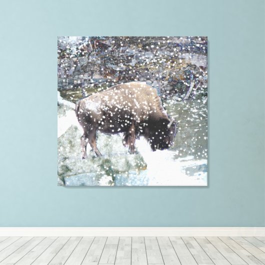 Buffel in Sneeuw Storm Wrapped Canvas Print (Insitu (Houten vloer))