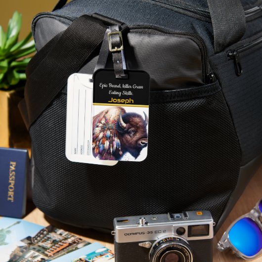 Buffel met levendige artistieke veren bagagelabel (Voorkant & Achterkant)