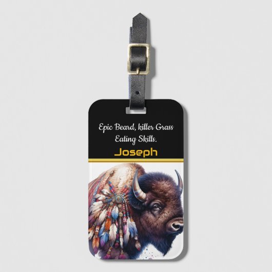 Buffel met levendige artistieke veren bagagelabel (Voorkant (verticaal))