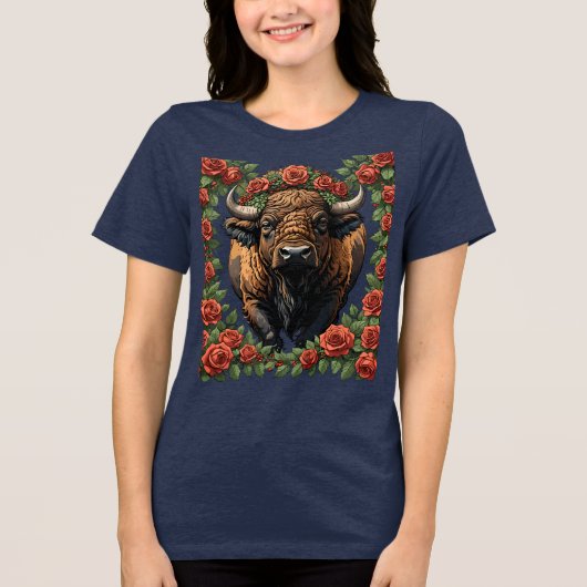 Buffel omringd door rode rozen Tri-Blend shirt (Voorkant)