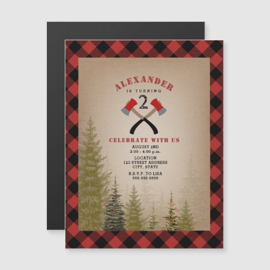 Buffel Plaid Ax Woodland Lumberjack Verjaardag Magnetische Uitnodiging (Voorkant / Achterkant)