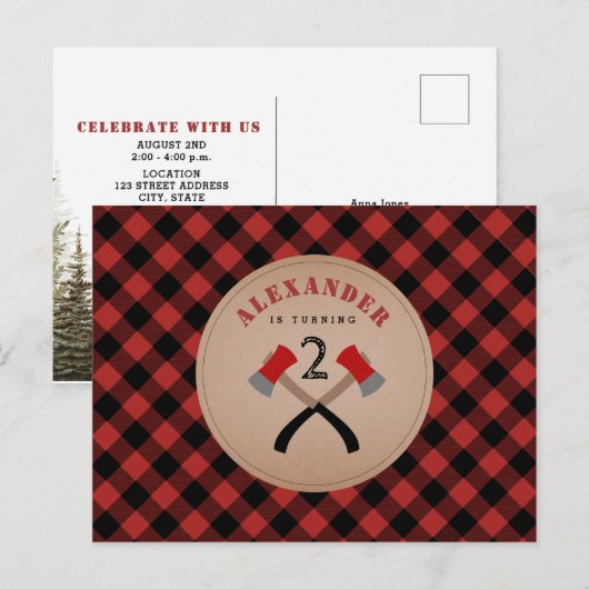 Buffel Plaid Ax Woodland Lumberjack Verjaardag Uitnodiging Briefkaart (Voorkant / Achterkant)
