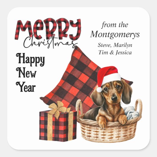 Buffel Plaid Bruin Dachshund Puppy Vakantie Vierkante Sticker (Voorkant)