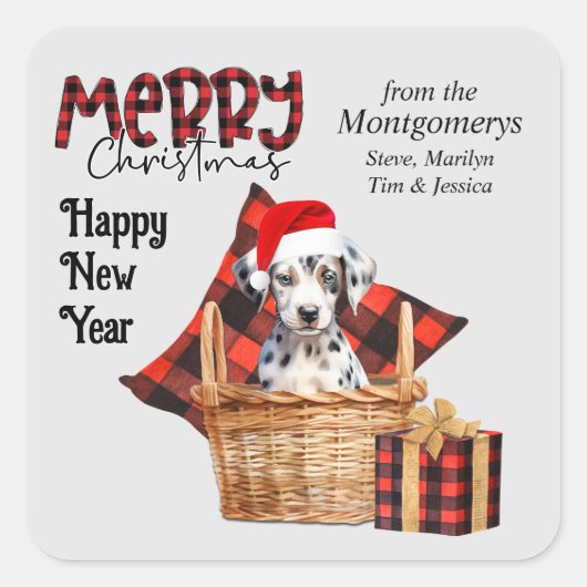 Buffel Plaid Dalmatische Puppy Kerstmis Vierkante Sticker (Voorkant)