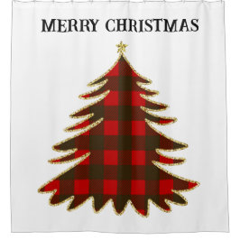Buffel Plaid en Gouden Glitter Kerstboom Douchegordijn