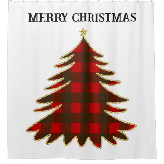 Buffel Plaid en Gouden Glitter Kerstboom Douchegordijn (Voorkant)