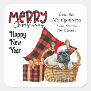 Buffel Plaid Franse Bulldog Puppy Kerstmis Vierkante Sticker