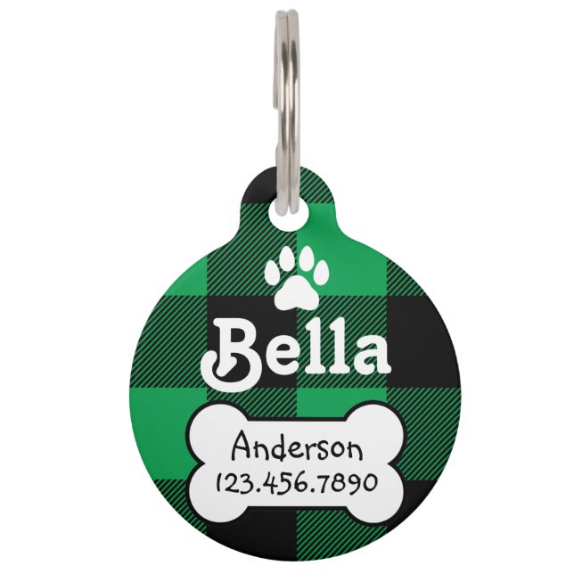 Buffel Plaid Groene en Zwarte Aangepaste Hond Huisdierpenning (Voorkant)