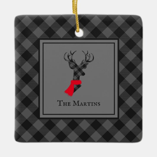 Buffel Plaid Herten Grijs Gepersonaliseerde Kerstm Keramisch Ornament (Voorkant)