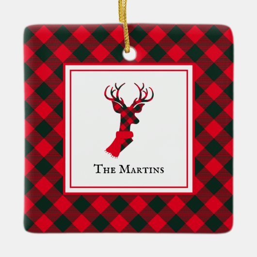 Buffel Plaid Herten Rood Gepersonaliseerde Kerstmi Keramisch Ornament (Voorkant)