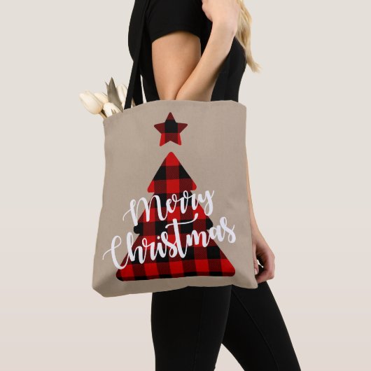 Buffel Plaid Kerstboom Kraft Tote Bag (Dichtbij)