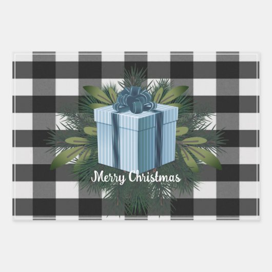 Buffel Plaid Kerstcadeau | Blauw Inpakpapier Vel (Voorkant)