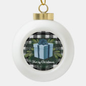 Buffel Plaid Kerstcadeau | Blauw Keramische Bal Ornament (Voorkant)