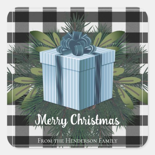 Buffel Plaid Kerstcadeau | Blauwe kerst Vierkante Sticker (Voorkant)