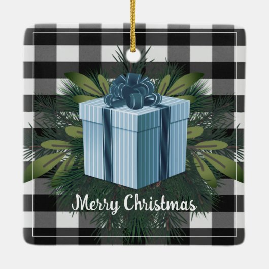 Buffel Plaid Kerstcadeau | Blauwe vakantie Keramisch Ornament (Achterkant)