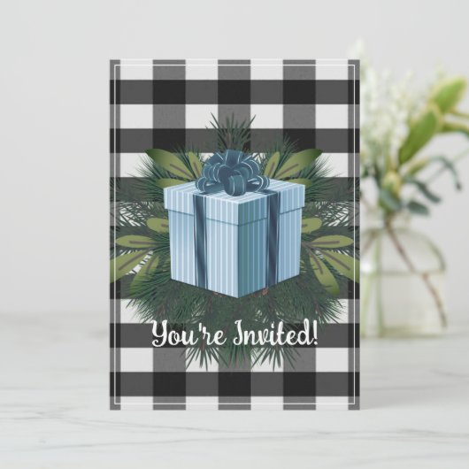 Buffel Plaid Kerstcadeau | Blue Holiday Party Kaart (Staand voorkant)